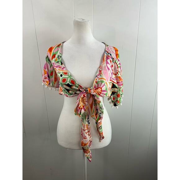 ASOS Retro Print Pom Pom Tie Front Beach Cover Up Size 2. NWT! - Picture 2 of 7